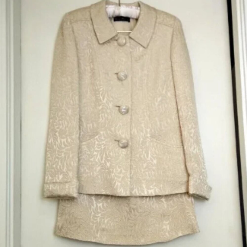 Vintage 70's Cream Brocade Swing Jacket & Midi Skirt Retro 50's Inspired Sz M